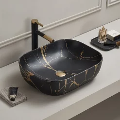 Arezzo 505 X 404mm Rectangular Counter Top Basin - Matt Black & Gold Marble Effect