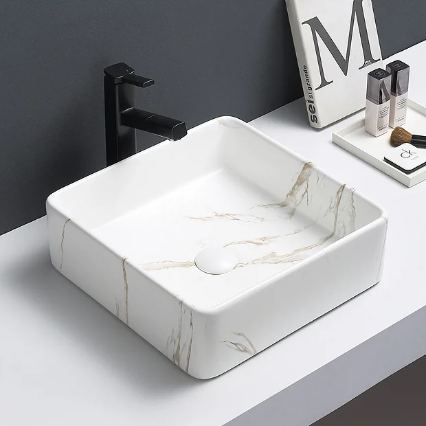 Arezzo 405 X 405mm Square Counter Top Basin - Matt White Marble Effect 3 Arezzo 405 X 405mm Square Counter Top Basin - Matt White Marble Effect