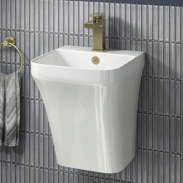 Arezzo Square Gloss White Ceramic One Piece Wall Hung Basin 1TH - 365mm Wide 4 Arezzo Square Gloss White Ceramic One Piece Wall Hung Basin 1TH - 365mm Wide - Image 2