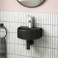 Arezzo Matt Black Round Wall Hung Cloakroom Basin 1TH (303 X 255mm) -Victorian Plumbing shop az7781mb detail01