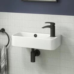 Arezzo 455 X 270mm Curved Offset Wall Hung 1TH Cloakroom Basin 9 Arezzo 455 X 270mm Curved Offset Wall Hung 1TH Cloakroom Basin -Victorian Plumbing shop az78578 detail01b