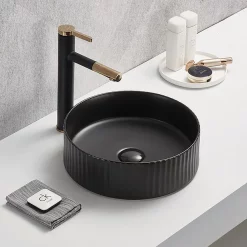 Arezzo Fluted Matt Black Round Countertop Basin - 360mm Diameter