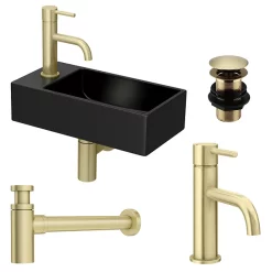 Arezzo 410 X 210 Square Wall Hung Basin With Tap Package (Matt Black - Brushed Brass) -Victorian Plumbing shop az948dbpknd1