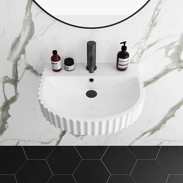 Arezzo D Shaped Fluted Wall Mounted Stone Resin Basin 1TH (554 X 437mm) 4 Arezzo D Shaped Fluted Wall Mounted Stone Resin Basin 1TH (554 X 437mm) - Image 2