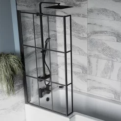 Arezzo Shower Bath - 1700mm L Shaped With Matt Black Grid Screen + Panel -Victorian Plumbing shop azgl17 new 2