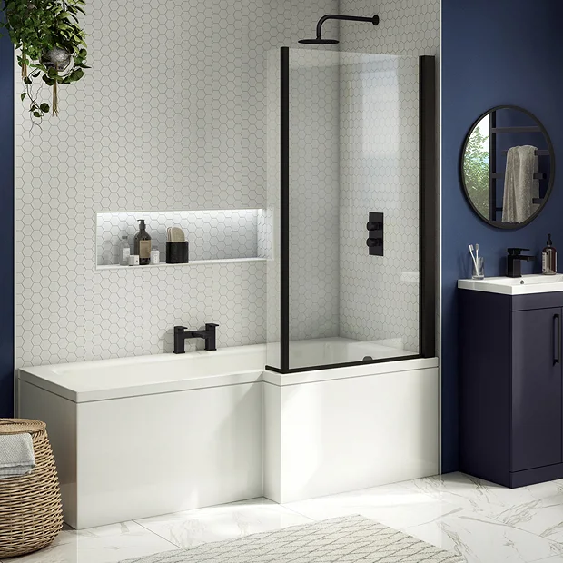 Arezzo Shower Bath - 1700mm L Shaped With Matt Black Screen + Panel 3 Arezzo Shower Bath - 1700mm L Shaped With Matt Black Screen + Panel
