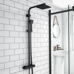 Arezzo Square Matt Black Shower Bath + Exposed Shower Pack (1700 L Shaped With Screen + Panel) -Victorian Plumbing shop azl17pak d2