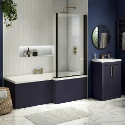 Arezzo Shower Bath - 1700mm L Shaped With Matt Black Screen + Matt Blue Panel
