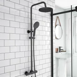 Arezzo Round Matt Black Shower Bath + Exposed Shower Pack (1700 B Shaped With Screen + Panel) -Victorian Plumbing shop azv17bpakd2