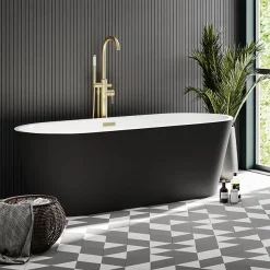 Klyn Bathroom Brooklyn Matt Black Exterior 1700 X 800mm Double Ended Freestanding Bath With Brushed Brass Waste