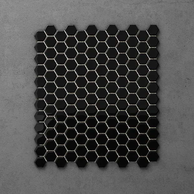 Victorian Plumbing Otsu Hexagon Mosaic Tile Sheet Gloss Black - 300 X 260mm 2 Victorian Plumbing Otsu Hexagon Mosaic Tile Sheet Gloss Black - 300 X 260mm