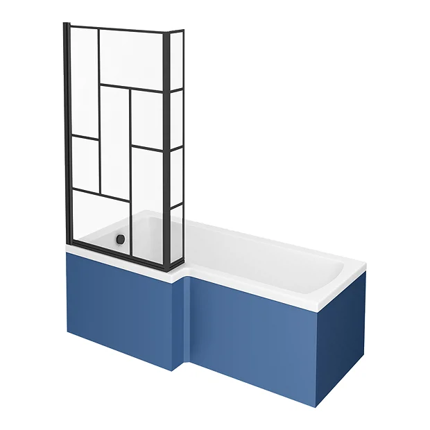 Venice Shower Bath - 1700 L Shaped W. Matt Black Abstract Grid Screen + Satin Blue Panel 4 Venice Shower Bath - 1700 L Shaped W. Matt Black Abstract Grid Screen + Satin Blue Panel - Image 2