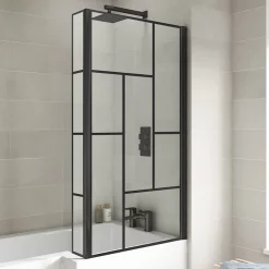 Venice Shower Bath - 1700 L Shaped W. Matt Black Abstract Grid Screen + Satin Grey Panel