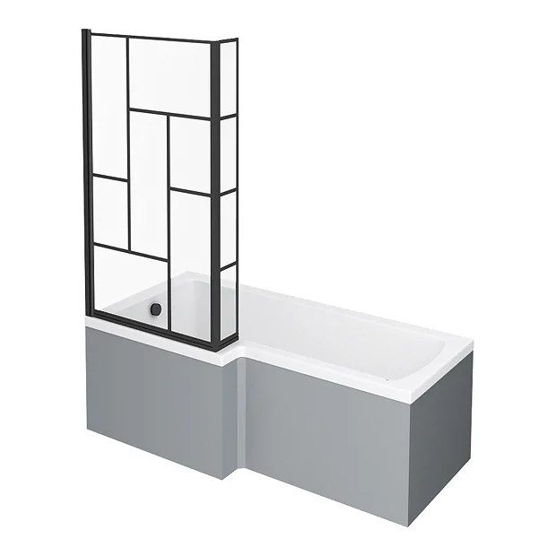 Venice Shower Bath - 1700 L Shaped W. Matt Black Abstract Grid Screen + Satin Grey Panel 4 Venice Shower Bath - 1700 L Shaped W. Matt Black Abstract Grid Screen + Satin Grey Panel - Image 2