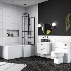 Venice Shower Bath - 1700 L Shaped W. Matt Black Abstract Grid Screen + Satin White Panel